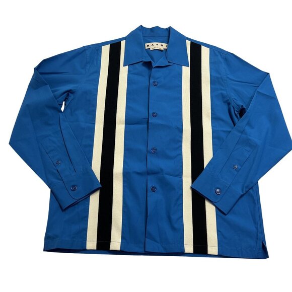 Marni Camp-Collar Striped Cotton-Poplin Shirt in Blue - Picture 1 of 6